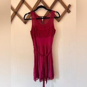 Wine colored comfy knit dress with scalloped chiffon details